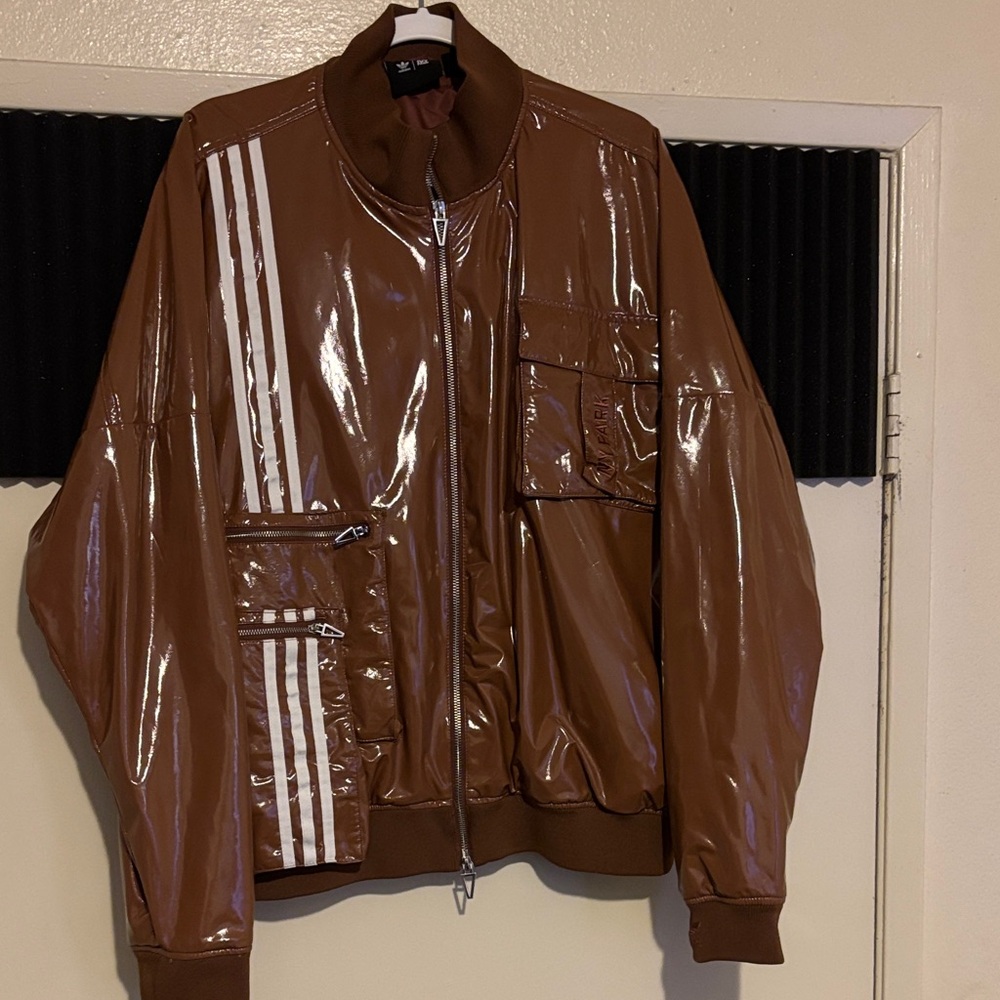 IVY PARK Glossy Brown Bomber Jacket with White Accents
